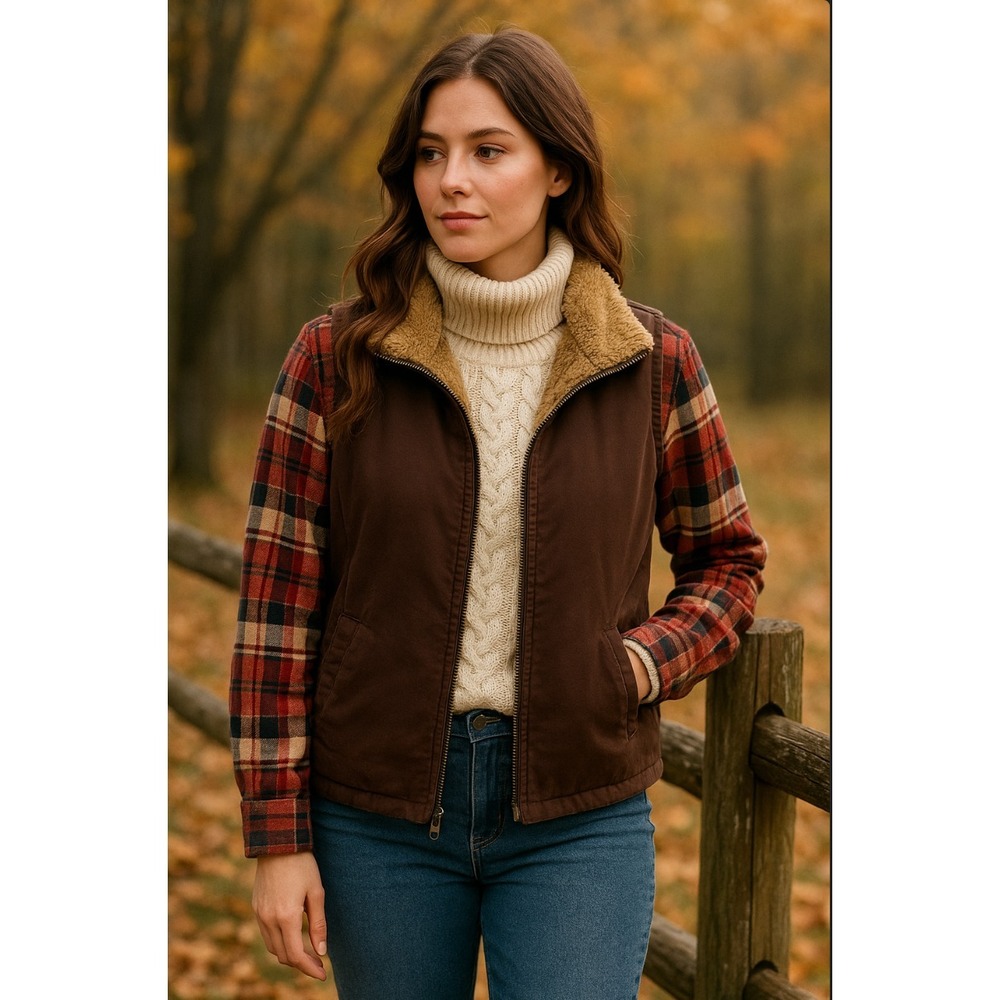 Y2K Gap Vest Womens Small Brown‎ Cotton Faux Fur Lined Full Zip Pockets Country